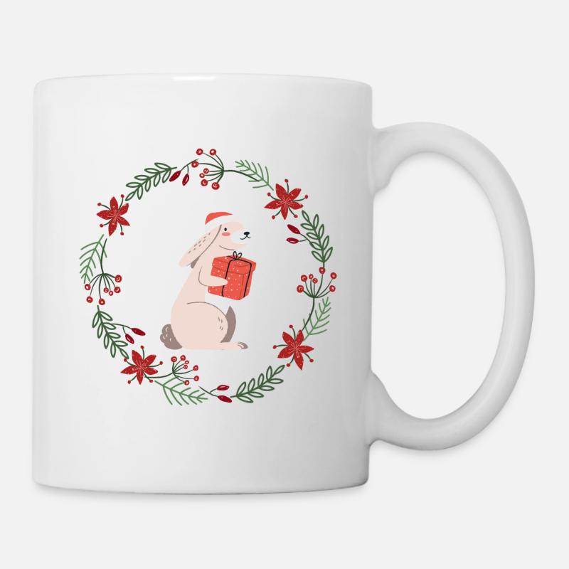 Weihnachten: Kaninchen mit Weihnachtsgeschenk - Tasse - Weiß
