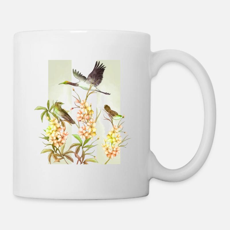 Fleurs asiatiques Oiseaux Aquarelle - Mug blanc - blanc