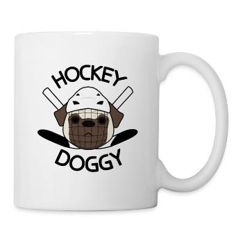 Hockey Doggy, Mops + Hockey Wortspiel - Tasse - Weiß - Rechts
