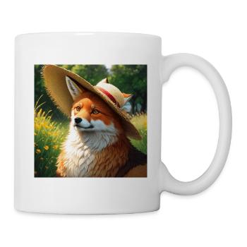 Red Foxes Art with Straw Hat Cute Red Fox Lover - Mug - white - Right
