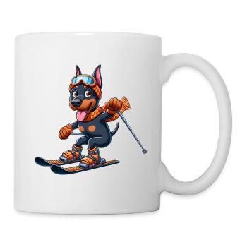 Doberman on skis - winter holiday in comic style - Mug - white - Right