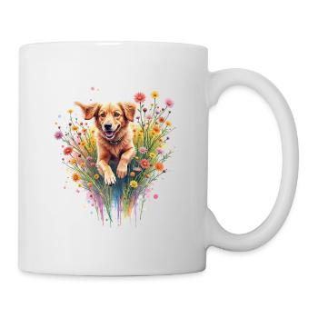 Hund spielt in Blumen - Tasse - Weiß - Rechts