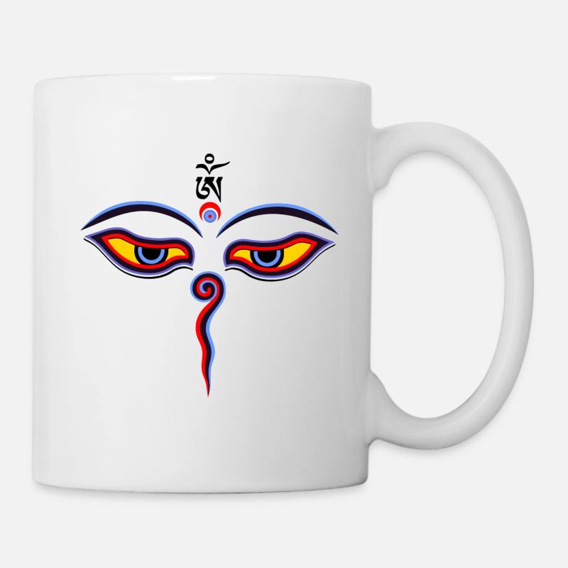 Les yeux de sagesse de Bouddha - Les yeux du temple de Bodhnath, OM 2 - Mug blanc - blanc