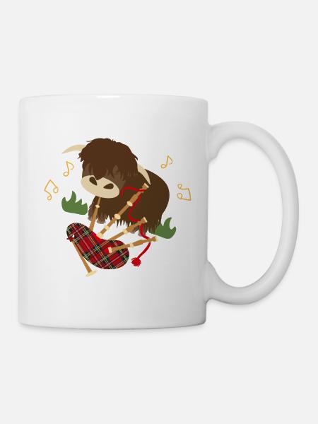 Highland Cattle Play Bagpipes - black - Mug - white