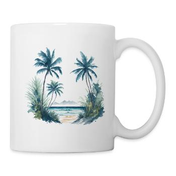 Aquarellmalerei eines Strandes mit Palmen - Tasse - Weiß - Rechts