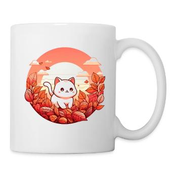 herbst katze laub bunte blätter sonnenuntergang - Tasse - Weiß - Rechts