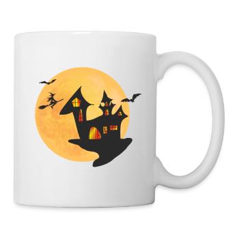 Halloween Shirt mit einer Hexe und Hexenhaus - Tasse - Weiß - Rechts