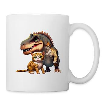 Cat cuddles with T-Rex - Mug - white - Right