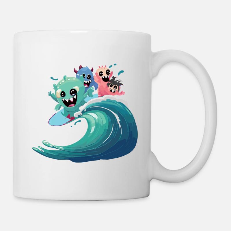 monsters surfing on wave - buntes Surfdesign - Tasse - Weiß