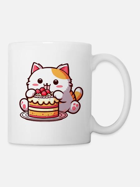 Kirschkuchen-Genuss: Süße Comic-Katze Nascht - Tasse - Weiß