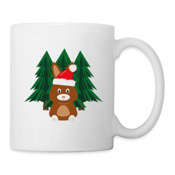 Hase mit roter Weihnachtsmütze im Wald. - Tasse - Weiß - Rechts