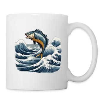 Ukiyo-e Angler Vintage Wellen Fisch Kunst Design - Tasse - Weiß - Rechts