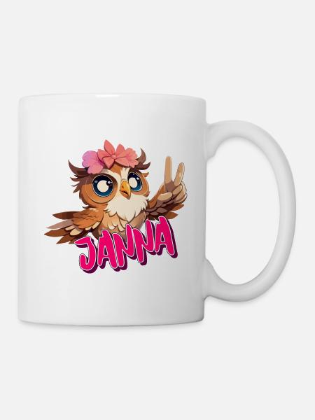 JANNA - Schöner Mädchen Name mit süßer EULE - Tasse - Weiß