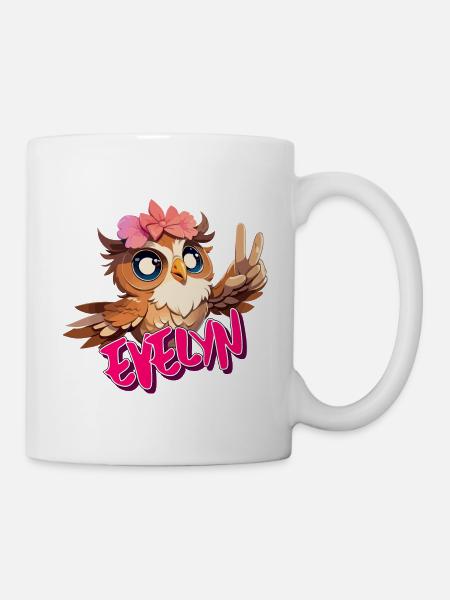 EVELYN - Schöner Mädchen Name mit süßer EULE - Tasse - Weiß