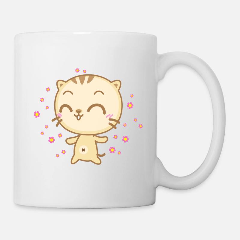 Nette Anime Katze mit Blumen die vom Himmel regnen - Tasse - Weiß