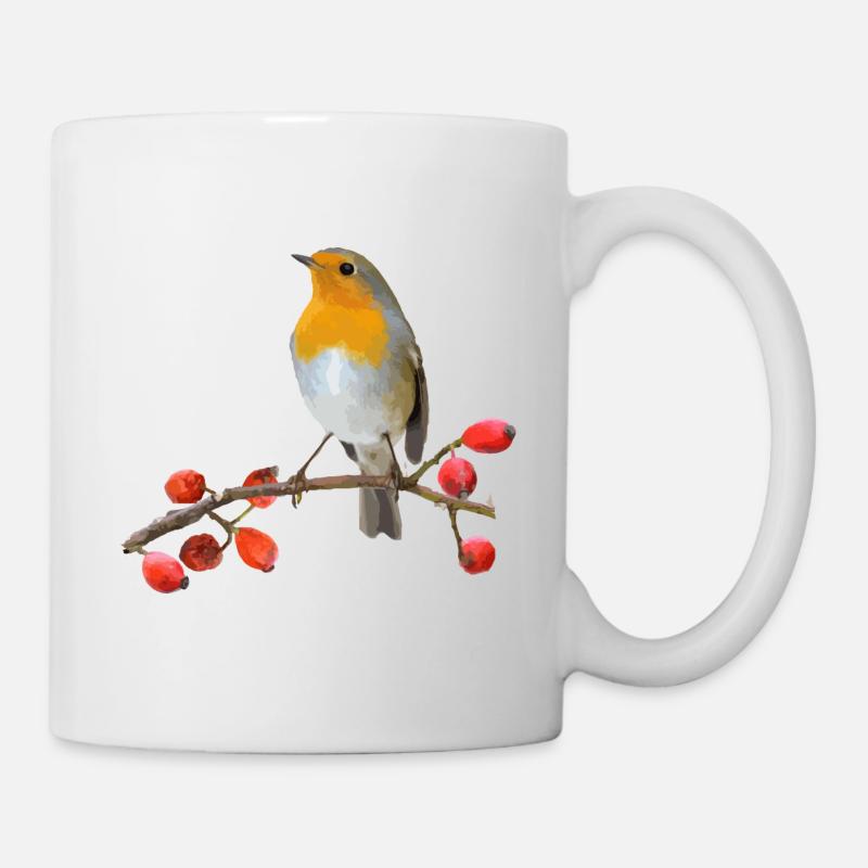 Robin on branch with red berries - Mug - white