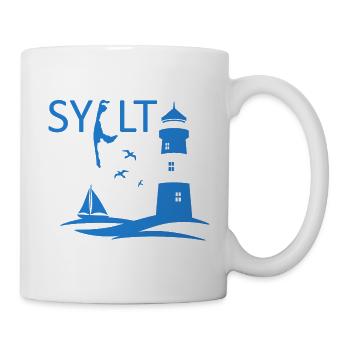Ein Leuchtturm mit Möwen und Insel Karte von Sylt - Tasse - Weiß - Rechts