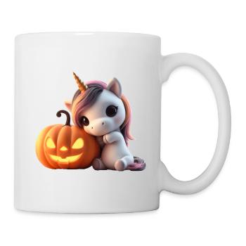 Süßes Einhorn lehnt auf Kürbis halloween - Tasse - Weiß - Rechts