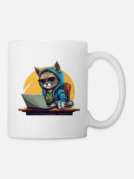 PDG de Cool Cat - Humeur de start-up avec ordinateur portable - Mug blanc - blanc