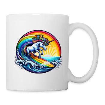 Surfendes Einhorn auf Regenbogenwelle - Tasse - Weiß - Rechts