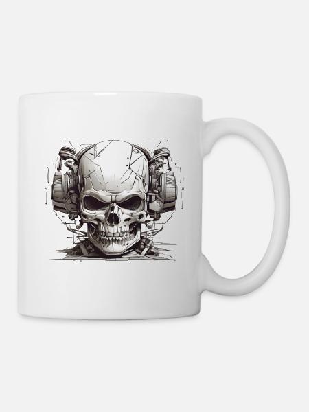 Moderner Totenkopf mit Kopfhörer in Schwarz-Weiß - Tasse - Weiß