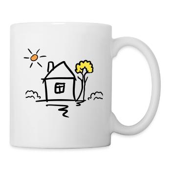 Haus mit Baum und Sonne. Zeichnung. Handgezeichnet - Tasse - Weiß - Rechts