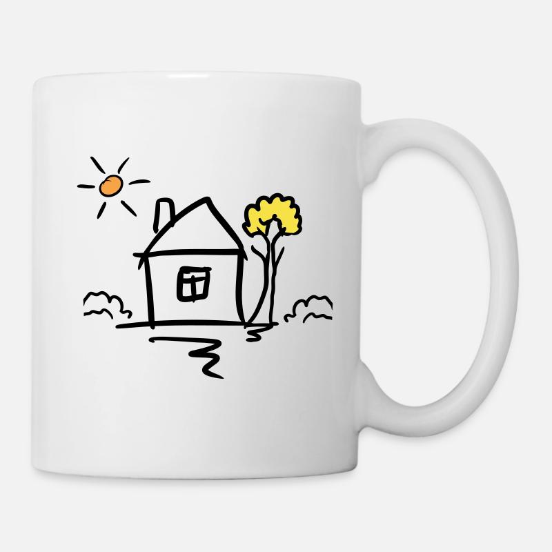 Haus mit Baum und Sonne. Zeichnung. Handgezeichnet - Tasse - Weiß