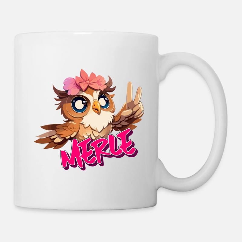 MERLE - Schöner Mädchen Name mit süßer EULE - Tasse - Weiß