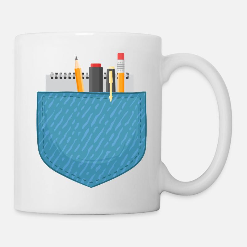 Tasche gefüllt mit Notizbuch, Stift und Bleistiften - Tasse - Weiß