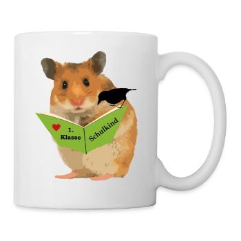 Schulkind 1 Klasse Hamster "Menno" freut sich - Tasse - Weiß - Rechts