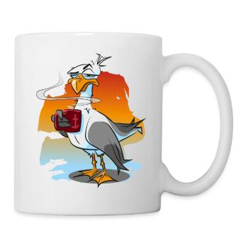 Lustige Möwe mit Kaffeetasse, Moewe - Tasse - Weiß - Rechts