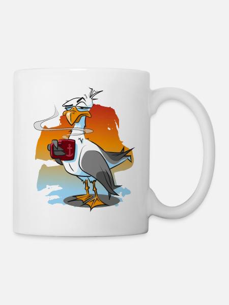 Lustige Möwe mit Kaffeetasse, Moewe - Tasse - Weiß