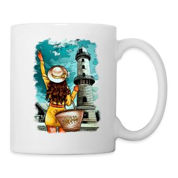 Leuchtturm Rostock Illustration Frau - Tasse - Weiß - Rechts