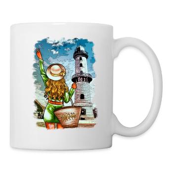 Warnemünde Leuchtturm Mädchen Illustration blond - Tasse - Weiß - Rechts