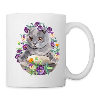 Scotish Fold Katze mit Blumen - Aquarell - Tasse - Weiß - Rechts