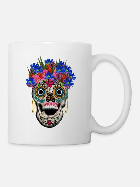 Crâne décoré de fleurs, jour sélénium / Muertos - Mug blanc - blanc