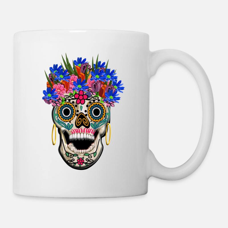 Crâne décoré de fleurs, jour sélénium / Muertos - Mug blanc - blanc