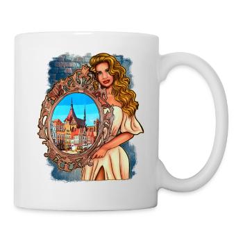 Rostock Illustration Frau mit Spiegel - Tasse - Weiß - Rechts