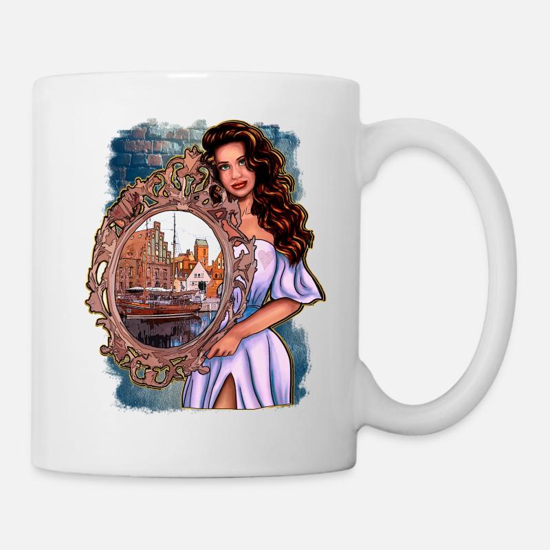 Wismar Illustration Frau mit Spiegel - Tasse - Weiß