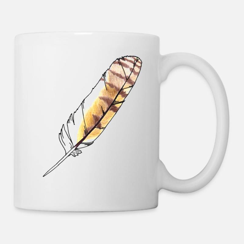 Feder Braun-Gelb Handgezeichnet (Waldohreule) - Tasse - Weiß