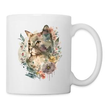 Katze Blumen Aquarell Zeichnung Kunst Bunt Floral - Tasse - Weiß - Rechts