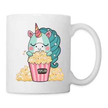 Une licorne colorée et mignonne mange un délicieux maïs soufflé au beurre - Mug blanc - blanc - Droite