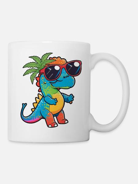 Kawaii Süßer Happy Colorful Dino mit Sonnenbrille - Tasse - Weiß