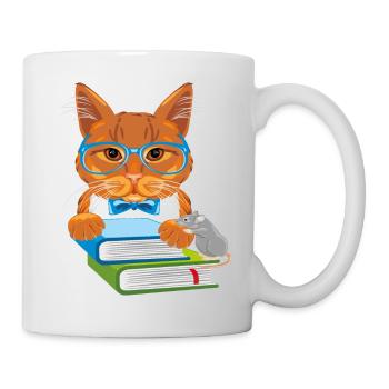 Kluge Ingwerkatze mit Büchern und lustiger Maus - Tasse - Weiß - Rechts