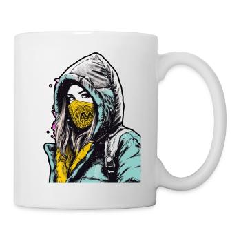 Kapuzenfrau trägt eine Gesichtsmaske mit einem gelben - Tasse - Weiß - Rechts