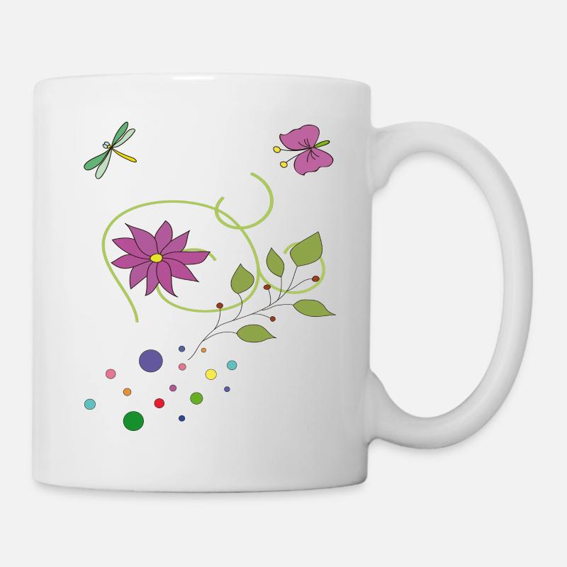 Blumenranke mit Schmetterling und Libelle - Tasse - Weiß