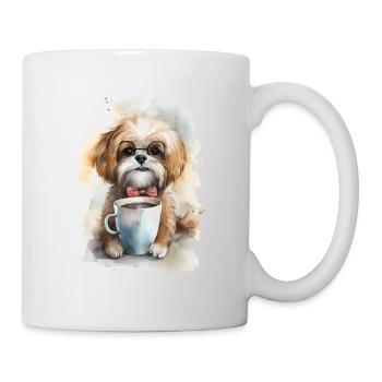Maltesischer Hund mit Kaffee -Aquarellstil - Tasse - Weiß - Rechts
