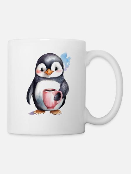 Pinguin mit Kaffee -Aquarellstil - Tasse - Weiß