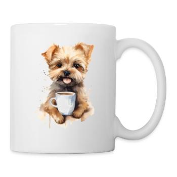 Yorkshire Terrier Hund mit Kaffee -Aquarellstil - Tasse - Weiß - Rechts