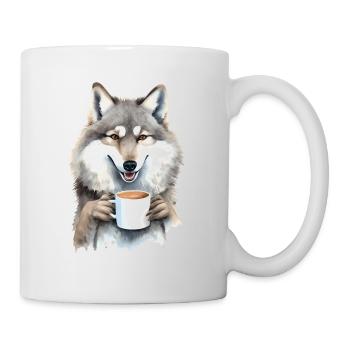 Wolf mit Kaffee -Aquarellstil - Tasse - Weiß - Rechts